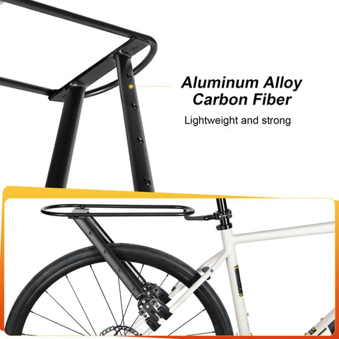 Sleek Carbon Fiber And Aluminum Rear Bike Rack For Mountain And Road Bikes Built Different To Haul Gear Reliably Every Time Without Extra Bulk Or Concerns, close-up of lightweight structure.