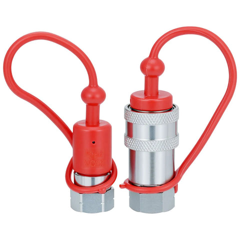 QWORK hydraulic quick-connect couplers, 2-pack front view, red housings, silver metal bodies, 1/4 NPT threads, dustcaps