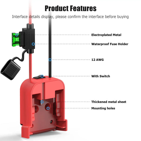 Product features of 18V Battery Adapter Kit For DIY Ride On Cars And RC Toys, showing fuse holder and 12 AWG wiring.