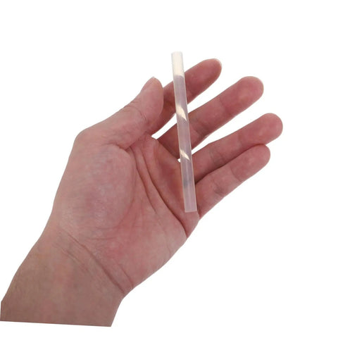 Mini 4 Inch Hot Glue Sticks Set For Crafting And Repairs, Quick Adhesion And Fast Melting, Works On Fabric Plastic Wood Metal, Resin Projects And Scrapbooking, Multi Temperature Use, 50 Piece Pack clear mini hot glue stick in hand