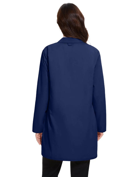 Back view of Women's Professional Lab Coat With 4 Button Front Long Sleeve Medical Coat With Three Pockets Navy Blue Sizes XS To XXL