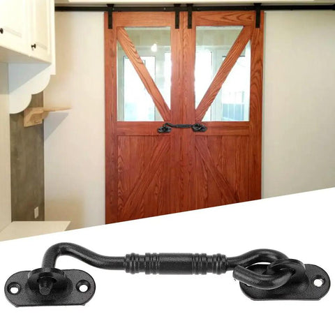 WUUWCHODC Gate Hook and Latch Closure for Cabinet Window Door mounted on wooden sliding door, featuring a rustic black finish.