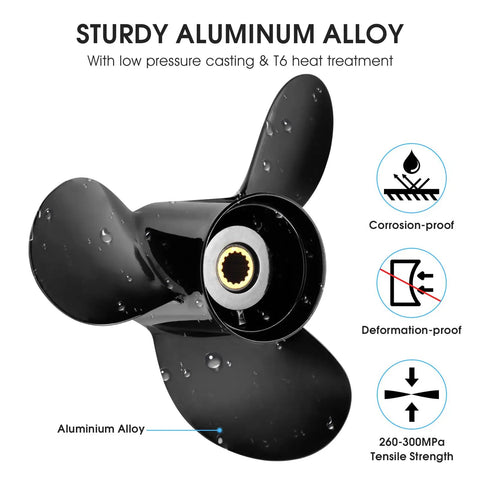 13 Inch Diameter 19 Pitch Aluminum Boat Propeller For Mercury Outboard Engines 40HP Through 150HP Right Hand Rotation 15 Spline 3 Blade Replacement Prop in corrosion-proof aluminum alloy with labels showcasing tensile strength and deformation resistance characteristics.