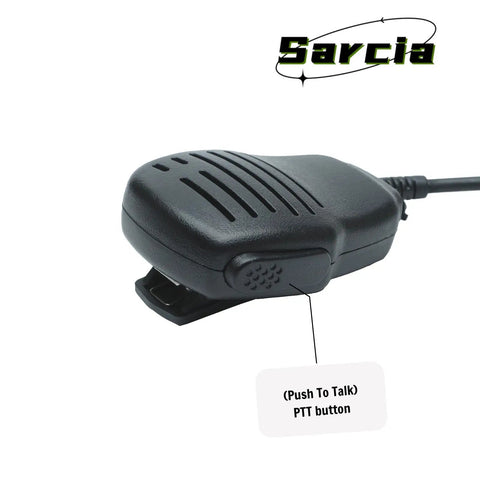 Close-up of Speaker Microphone With PTT for Yaesu VX Series And HX Handheld Radios, showing PTT button and clip with branding.