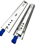 Heavy Duty Full Extension Three Stage Drawer Slides With Lock 220 Pound Capacity 60 Inch stainless steel slides with blue handles.