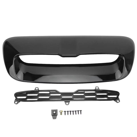 New Premium Direct Fit Rigid Plastic Honeycomb Hood Scoop For Tesla Cybertruck Exterior Upgrade showing parts, including scoop and mounting kit.
