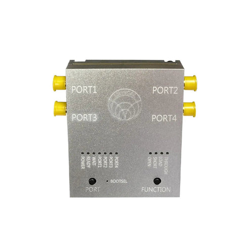 LibreCAL Matching Electronic Calibration Kit For LibreVNA Antenna Analyzer With Storage Bag, Quick In GUI Calibration, Metrology-Grade Accuracy, Easy S11 Directivity Testing For RF Hobbyists And Pros. Four-port metal calibration module with yellow RF connectors