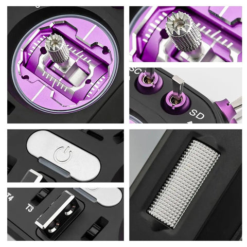 Close-up of V16Max ELRS CNC Hall Gimbals RC Radio Transmitter controls and gimbals, showing violet CNC-machined details.
