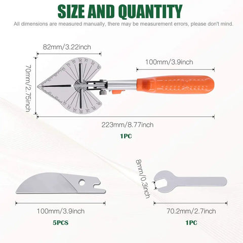 Image showing the Multi Angle Miter Shear Cutter With Wrench And 5 Spare Blades For Vinyl And Wood Molding Trim Adjustable 45 To 135 Degree Scissors, with dimensions for each component.