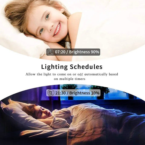 Smart Wi Fi Dimmer Switch 2 Gang lighting schedules in use; morning and night settings for dimmable LED brightness control.