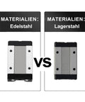 Comparison of stainless steel and bearing steel carriage blocks for 500mm MGN12 linear rail guide.