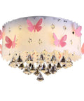 Pink Butterfly LED Crystal Chandelier Flush Mount Ceiling Light With Drum Shade Cute Vibe For Girls Room, Metal Glass Crystal