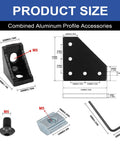 Heavy Duty 34 Pack 2020 Aluminum Extrusion Corner Brackets And Hardware Kit With L Shaped Plates Corner Angles Sliding Hook T Nuts And Screws For 20x20 Series Black product size and dimensions illustration.