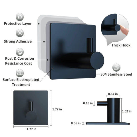 Adhesive Towel Hooks Set Waterproof Shower Wall Mount Matte Black Stainless Steel Durable Hooks With Extra Adhesive Strips Easy No Drill Bathroom Organization Four Pack