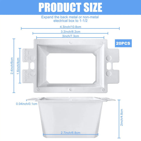 20 Pack Electrical Outlet Box Extenders With 40 Screws, One Gang Box Extender Kit shown in product size dimensions chart.