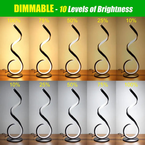 Spiral LED Table Lamp Set Of 2, 10W Dimmable With 3 Color Modes, showcasing different brightness levels, black finish
