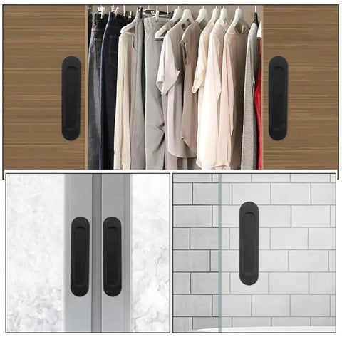 Image showing 4 Pack Recessed Door Pulls With Strong Adhesive For Sliding Closet Doors And Panel Doors installed on various surfaces.