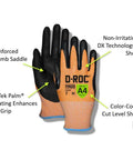 Close-up of TriTek Oil And Liquid Absorbing Work Gloves With DX Technology, showing reinforced thumb saddle and color-coded cut level shield.
