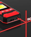 Close-up of DOJBK Rechargeable Wall Detector, Stud Finder Wall Scanner displaying laser marking and controls on a black background.