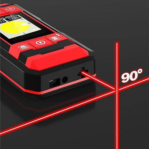 Close-up of DOJBK Rechargeable Wall Detector, Stud Finder Wall Scanner displaying laser marking and controls on a black background.