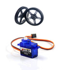 Blue transparent FS90R continuous-rotation micro servo with orange/black lead and two black RC wheels