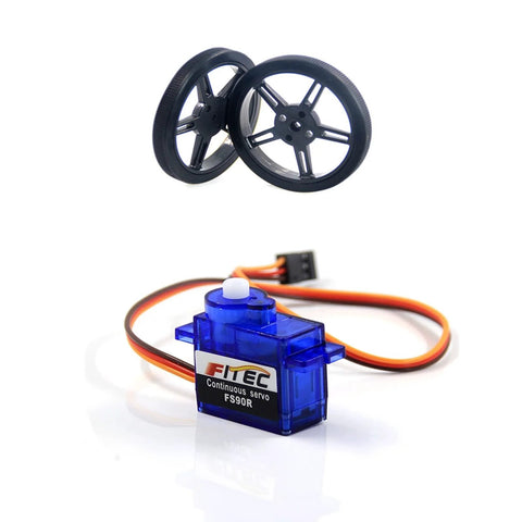 Blue transparent FS90R continuous-rotation micro servo with orange/black lead and two black RC wheels
