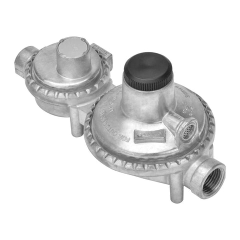 Angled front view of Onlyfire vertical two-stage propane regulator for tanks with 1/4in NPT inlet and 3/8in NPT outlet