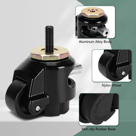 Close-up of a Heavy Duty Swivel Caster Wheel with aluminum alloy body and nylon wheel set for leveling furniture and machinery.