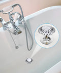 Hair Stopper Catcher Anti-Clogging Bathtub Drain Stopper with Strainer shown in a modern bathtub with chrome faucet.