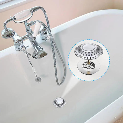 Hair Stopper Catcher Anti-Clogging Bathtub Drain Stopper with Strainer shown in a modern bathtub with chrome faucet.