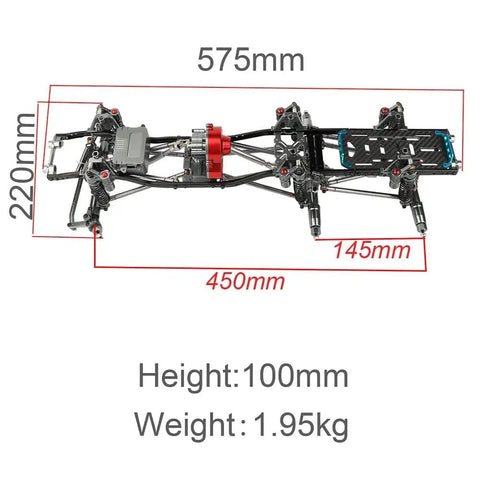 Beefed-Up 450mm 6x6 RC Crawler Chassis Frame Set For 1/10 Axial SCX10 with aluminum and carbon fiber components, top view.