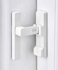 Matte White 90 Degree Barn Door Lock With Dual Locking System Zinc Alloy Right Angle Latch installed on door