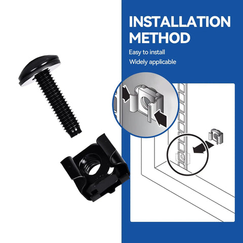 Heavy Duty 10/32 Thread Rack Screws With Snap In Cage Nuts And Nylon Washers For Server Racks Network Gear And Audio Cabinets installation method diagram showing screw and cage nut.