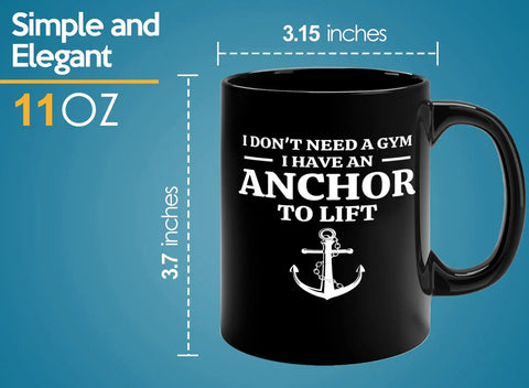 Sailor Coffee Mug 11oz Black With Anchor Lift Theme Funny Boaters Gift For Sailors Boat Captains Lake Lovers Glassware For Morning Coffee On The Go Everyday shown with measurements