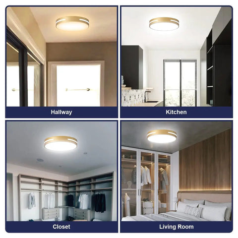 12 Inch LED Flush Mount Ceiling Light Two Pack Dimmable 24W 2400 Lumens installed in various rooms like hallway and kitchen