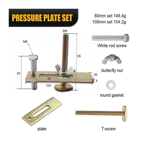 85mm Bow Plate Clamp Set For CNC Engraving And T Slot Tables shown with components including screws, nut, and gasket