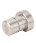 Close-up of stainless steel bench dog clamp from set of four for 20mm MFT table holes, woodworking positioning and fixing tools.