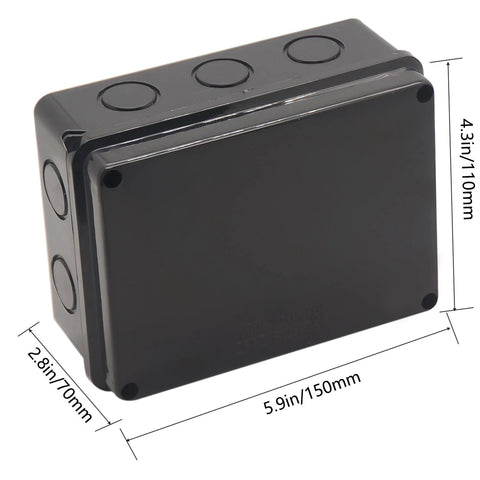 Electrical junction box, outdoor IP65 waterproof; black ABS plastic, 150×110×70 mm with top knockouts