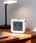 Knockout Vintage Digital Alarm Clock With Eiffel Tower Design And Cozy Nightlight Solid For Bedroom Nightstands Or Desk Surfaces Featuring Dead Quiet Operation Super Comfy Buttons And Easy Time Date Temperature Readout on wooden desk.