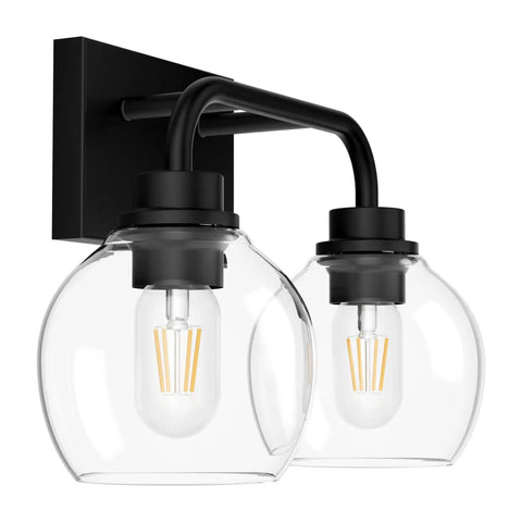 Two Light Industrial Vanity Light Fixtures Over Mirror In Matte Black With Clear Glass Globe Vintage Farmhouse Wall Sconces For Bathroom Rugged Anti Rust Metal Finish Elevate Your Space.