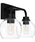 Industrial Style Bathroom Vanity Lighting Fixtures Four Light Matte Black Finish With Clear Globe Glass Farmhouse Bath Light For Hallways And Powder Rooms Giving A Bright Ambience And Modern Rustic Vibe, close-up angle