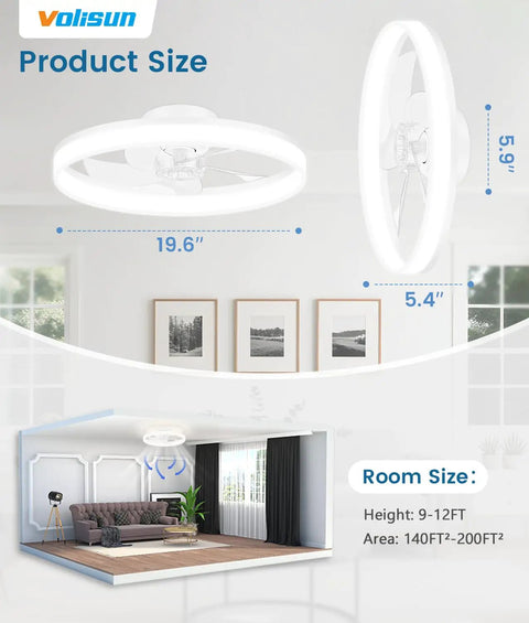 Low Profile 20 Inch Ceiling Fan With Lights And Remote, Smart Dimmable Led Fandelier Flush Mount For Bedroom size details in a living room setting.