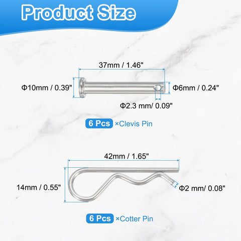 Diagram showing dimensions of Stainless Steel Clevis Pin With R Shaped Clip M6x35mm Single Hole Clevis Six Pack