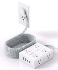 15 Foot Extension Cord With Flat Plug Surge Protector Power Strip Featuring Eight Widely Spaced Outlets And Four Fast Usb Charging Ports connected to a wall outlet.