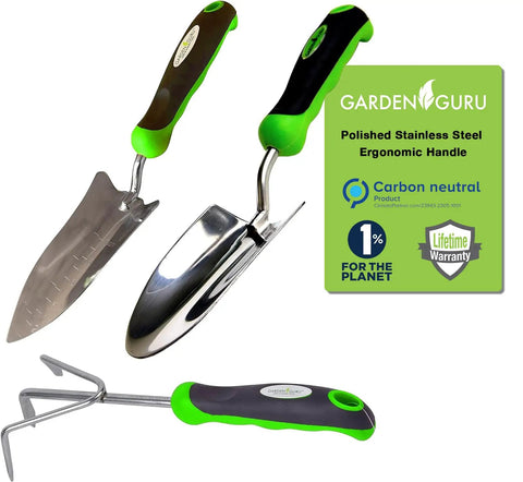 3 Piece Heavy Duty Stainless Steel Garden Tool Set Featuring Trowel Transplanter And Cultivator with ergonomic comfort grips