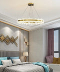 Chic Round Gold LED Pendant Light With Cut Diamond Glass Shade Dimmable Hanging Lamp For Modern Spaces Top Tier Smooth Glow Ceiling Setup Hits Different in a stylish bedroom.