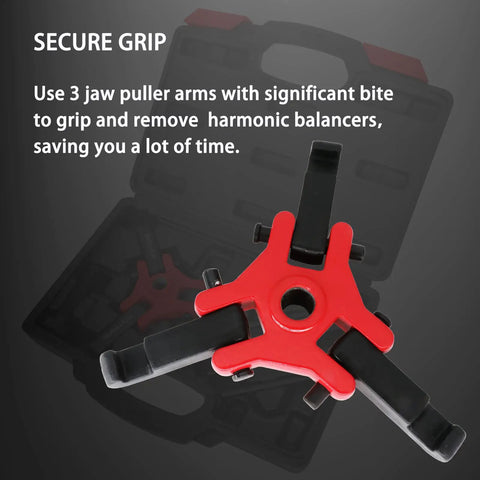 Adjustable 3 Jaw Harmonic Balancer Puller Tool Kit with 24 mm drive, red puller, and black arms for engine damper removal.