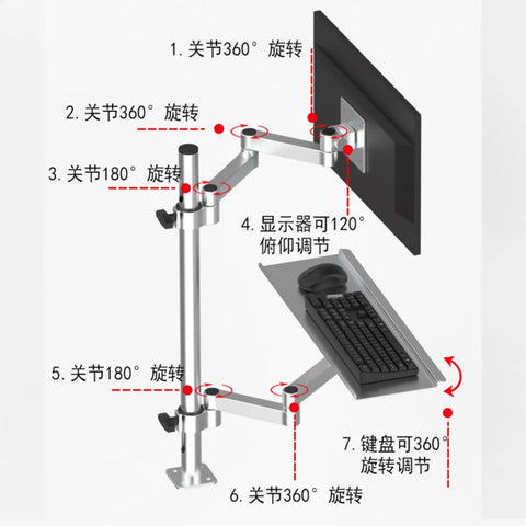 Premium Grade Rock Solid Articulating Monitor And Keyboard Mounting Tray featuring dual pivot arms, showcasing adjustable monitor and keyboard setup.