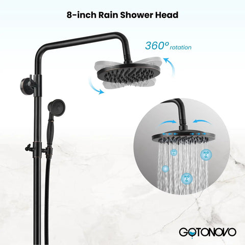 Oil Rubbed Bronze Shower Faucet Set With 8-Inch Rainfall Head, Handheld Sprayer, wall mount, showing 360-degree rotation