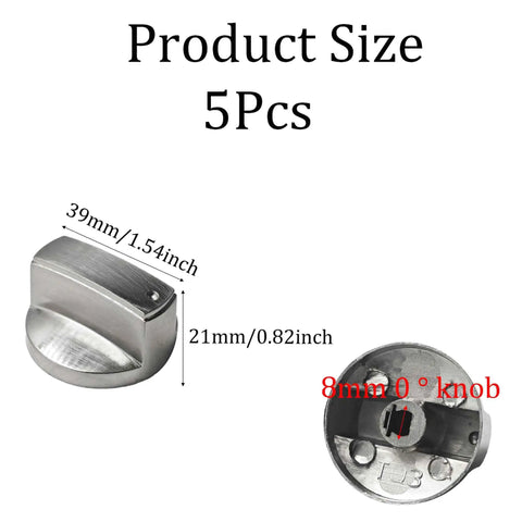Heavy Duty Metal Gas Stove Knob Replacement Set 5 Pcs 8mm Shaft shown with size details in millimeters and inches